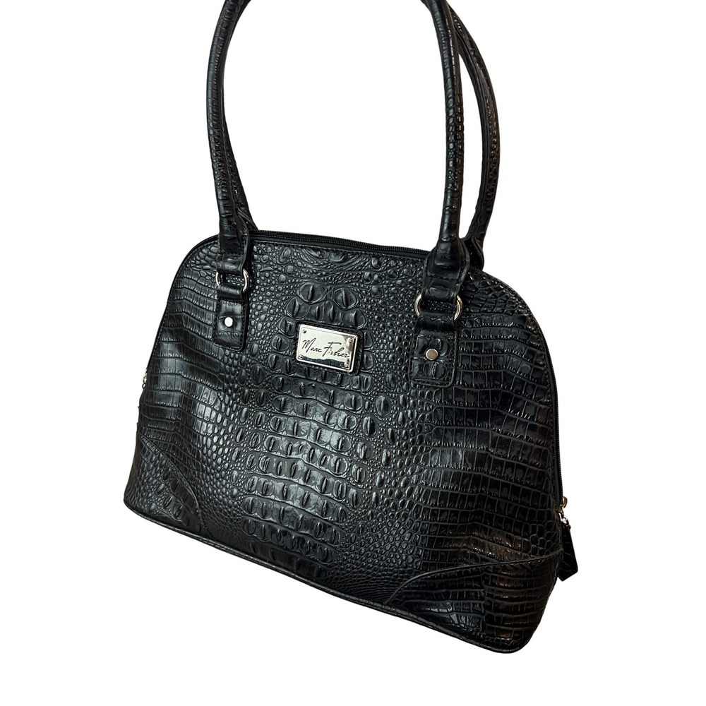 Marc Fisher Satchel Handbag Womens Medium Black Excellent Croc Embossed Dome Bag
